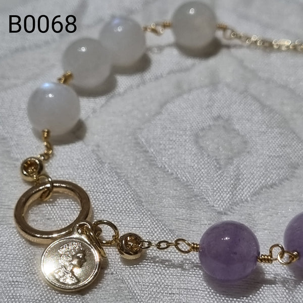 B0068 - Moonstone & Amethyst Bracelet - 8-8.2mm