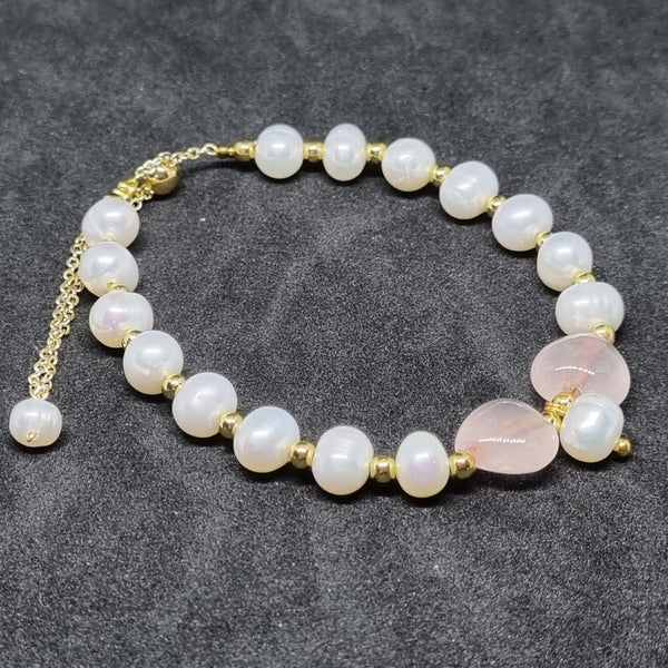 B0236 - Freshwater Pearls with Rose Quartz Bracelet