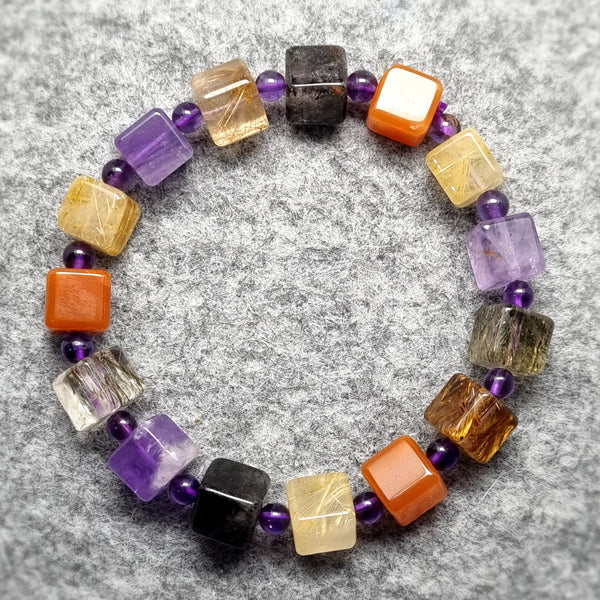 B0615 - Muti-Treasures Rutilated Crystal Cube Bracelet (多宝) - 9+mm
