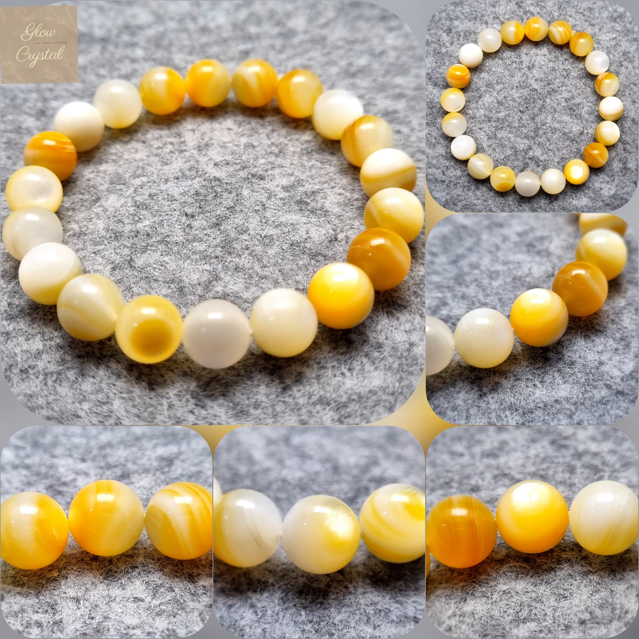 B0624 - Yellow Shell Beads with White Sheen Bracelet - 10mm