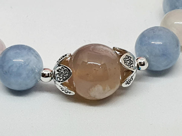 B0036 - Aquamarine, Sakura Agate & Multi-Crystals Bracelet - 8.2-12.5mm